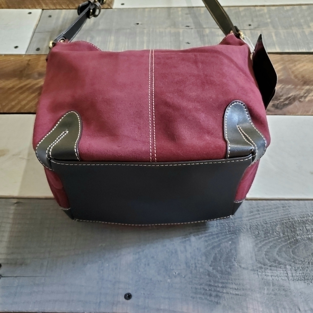 Large Maroon Burgundy Black Faux Leather Suede Tote Shoulder Purse Bag - Picture 6 of 13